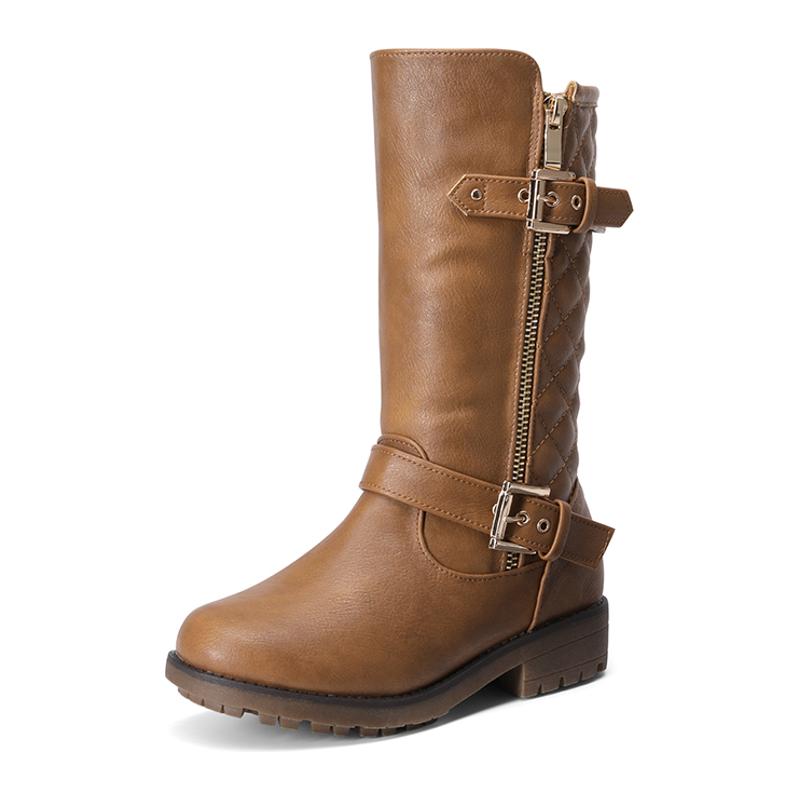 Dream Pairs Girls' Faux Fur Padded Low 0.25" Heel Riding Flatform Boots - Round Toe, 8-9 & 10-11 Years Kids' Footwear with Fitting Tips, Approx 7" Flat Heel Design
