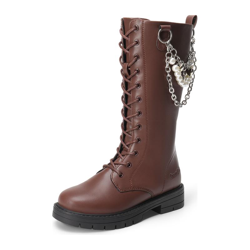 Dream Pairs Girls' PU Leather Synthetic High Back Knee-High Riding Boots - Side Zipper, Adjustable Laces, Swap Pearl or Smiley Interchangeable Charms, Round Toe, Charm Chain, Flexes for Walking, Easy to Clean, Size 7-8Y