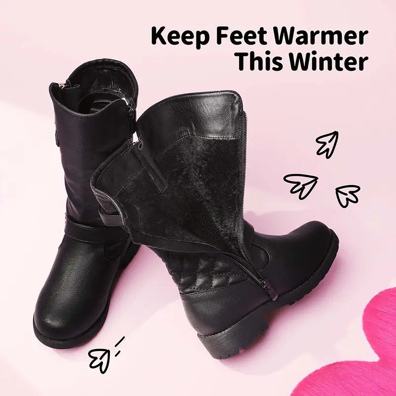 Dream Pairs Girls' Faux Fur Padded Low 0.25" Heel Riding Flatform Boots - Round Toe, 8-9 & 10-11 Years Kids' Footwear with Fitting Tips, Approx 7" Flat Heel Design