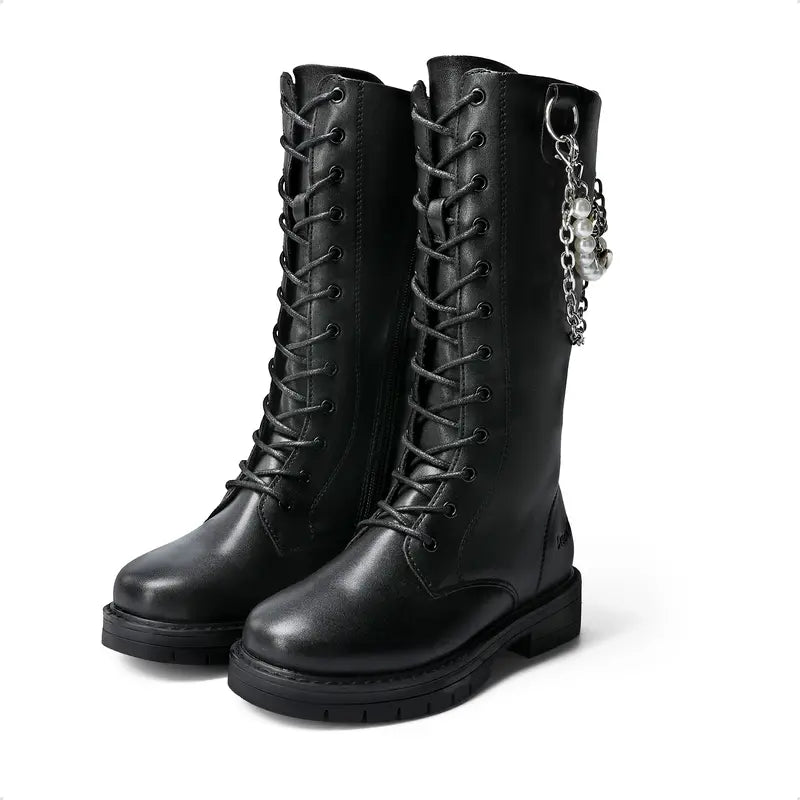 Dream Pairs Girls' PU Leather Synthetic High Back Knee-High Riding Boots - Side Zipper, Adjustable Laces, Swap Pearl or Smiley Interchangeable Charms, Round Toe, Charm Chain, Flexes for Walking, Easy to Clean, Size 7-8Y