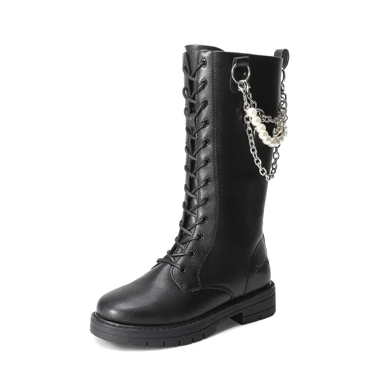 Dream Pairs Girls' PU Leather Synthetic High Back Knee-High Riding Boots - Side Zipper, Adjustable Laces, Swap Pearl or Smiley Interchangeable Charms, Round Toe, Charm Chain, Flexes for Walking, Easy to Clean, Size 7-8Y