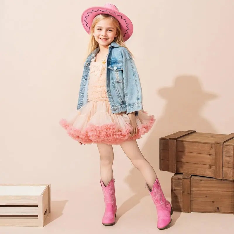 Girls' Mid-Calf Pointed Toe Synthetic Cowgirl Boots - 1 Pair, Side Zipper, Classic Stitch Detail Art Western Boho Footwear Boot, for Toddler Kids, Horse Riding & Party Use (Pairs with Jeans)