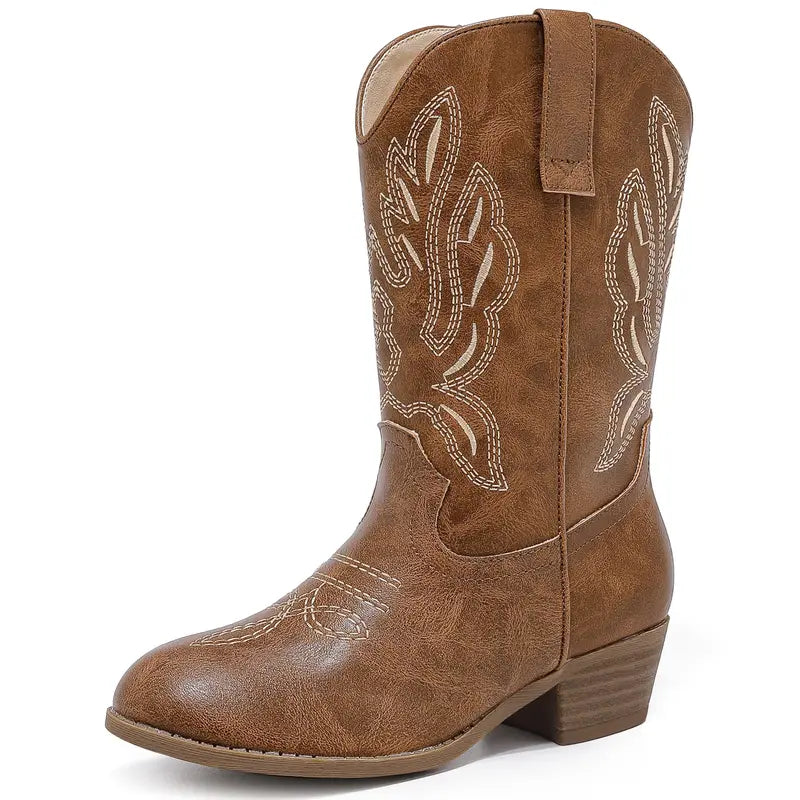Girls' Mid-Calf Pointed Toe Synthetic Cowgirl Boots - 1 Pair, Side Zipper, Classic Stitch Detail Art Western Boho Footwear Boot, for Toddler Kids, Horse Riding & Party Use (Pairs with Jeans)