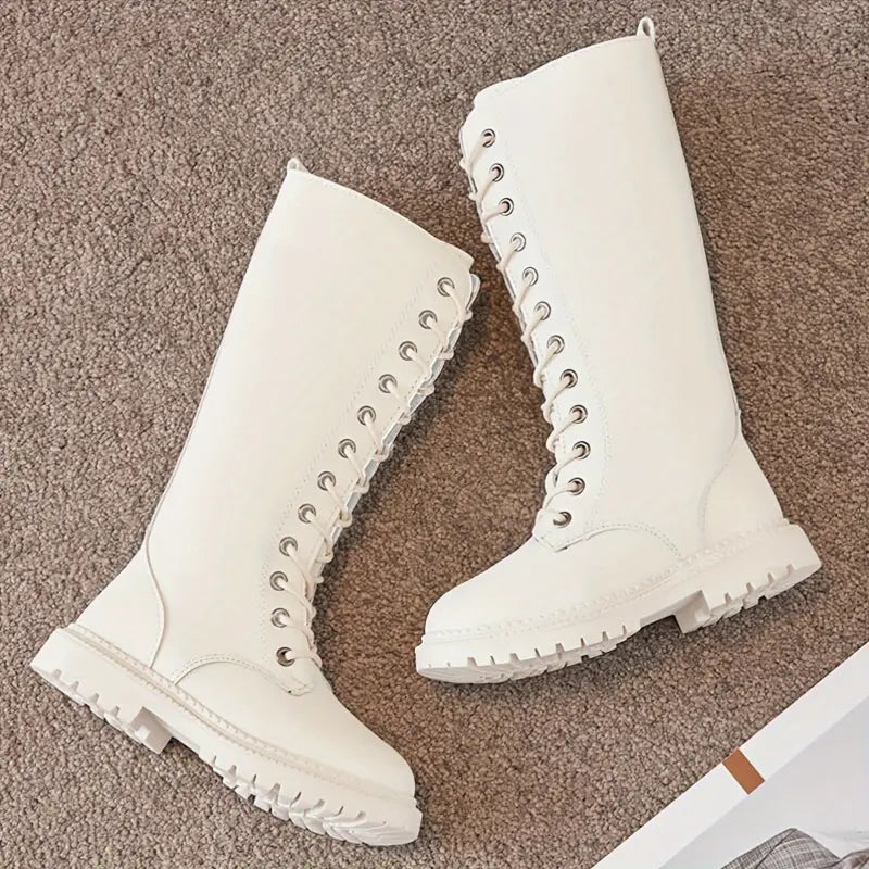 Girls' Autumn Winter Zipper High-Top Boots - Knee-Length Round Toe Boots with Contrast Stitching, Brown & Black Casual & Formal Footwear, Cowgirl Boots, Stylish Outerwear Footwear, Durable Rubber Sole