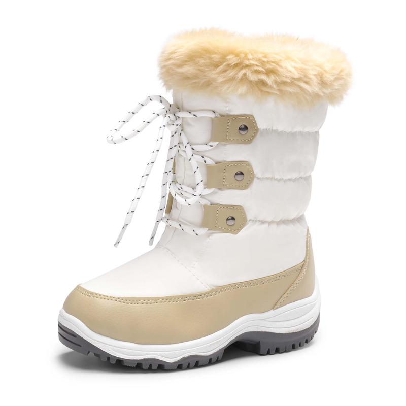 Dream Pairs Girls' Round Toe Mid-Calf Snow Boots - Water-Resistant Upper, Cozy Faux Fur Lining, Side Zipper, Laces, Warm, 9" Around, No Heel, High-Quality Fluff, for Outdoor Skiing, Making Snowmen, Size for 12-13 Years