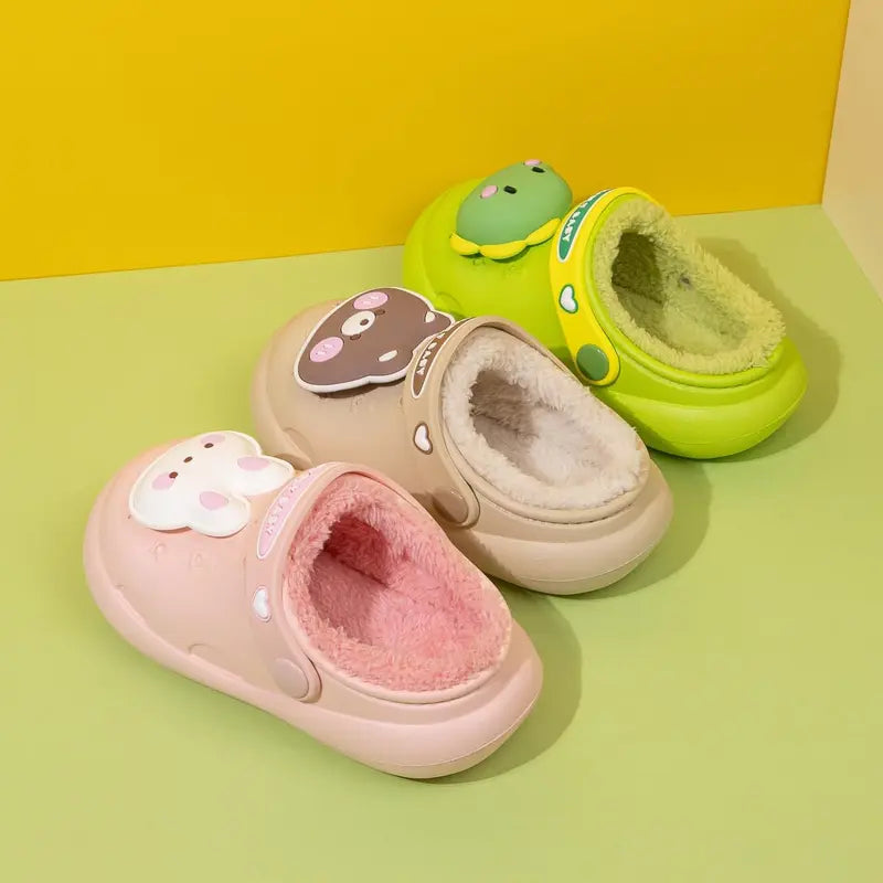Girls' Chic Fur-Lined Clogs - Cartoon Animal Dinosaur Pattern, Flat Heel (1cm or Less), Lightweight Non-Slip Slip-On Toddler Little Kid Shoes, Warm Indoor-Outdoor Footwear (Check Foot Length for Size 7 Toddler/11 Little Kid), Cartoon Animal Elements