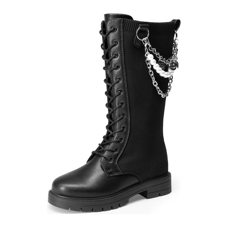 Dream Pairs Girls' PU Leather Synthetic High Back Knee-High Riding Boots - Side Zipper, Adjustable Laces, Swap Pearl or Smiley Interchangeable Charms, Round Toe, Charm Chain, Flexes for Walking, Easy to Clean, Size 7-8Y