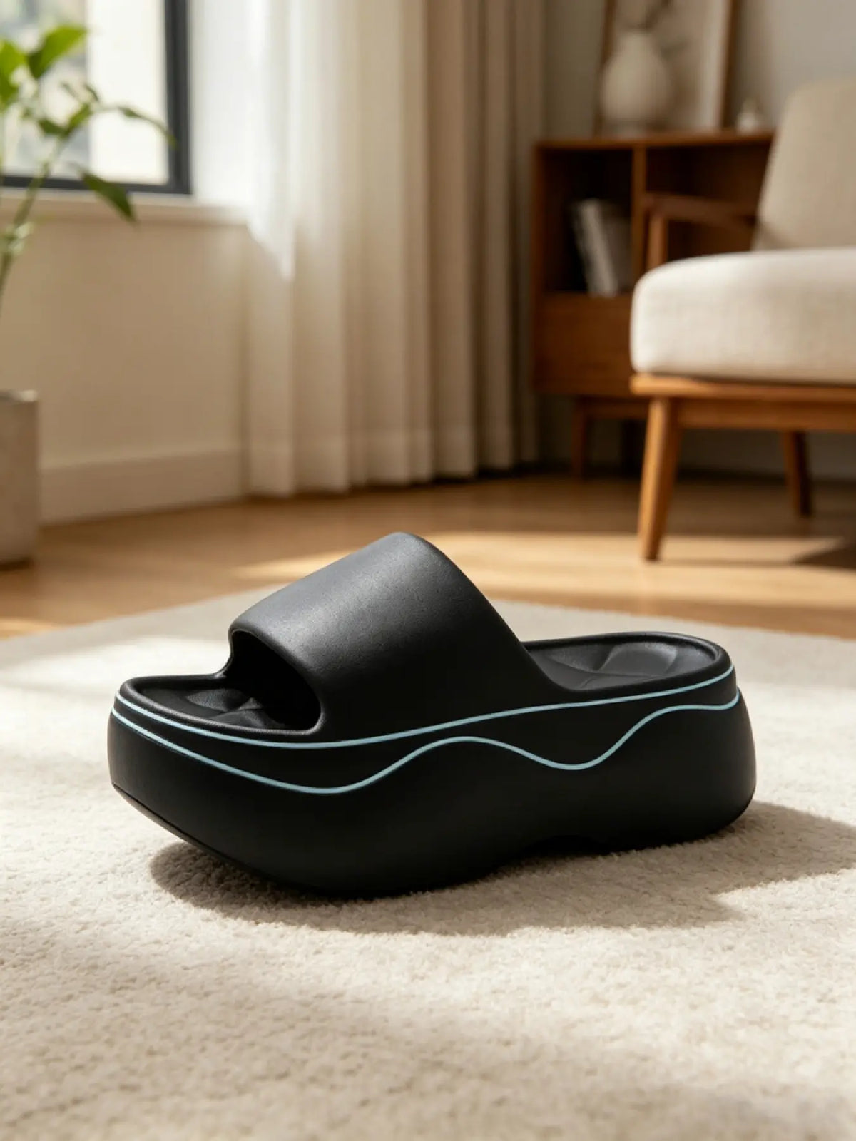 Minimalist Korean Casual Girls Platform Slides, Anti-Slip, Quick Drying Slippers, Waterproof Quick-dry EVA For Beach Use, Wide Open Toe Match Daily Outfits Easily, Thick Wavy Cushion Midsole Absorb Shock, 3D Tread Fit Outdoor Cement