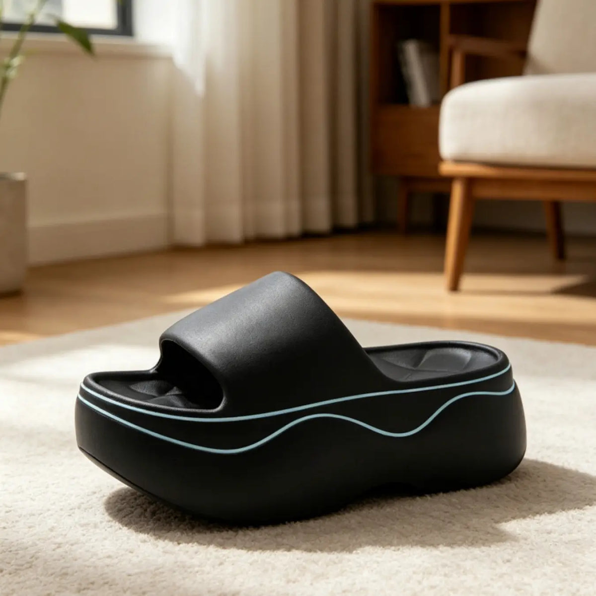 Minimalist Korean Casual Girls Platform Slides, Anti-Slip, Quick Drying Slippers, Waterproof Quick-dry EVA For Beach Use, Wide Open Toe Match Daily Outfits Easily, Thick Wavy Cushion Midsole Absorb Shock, 3D Tread Fit Outdoor Cement