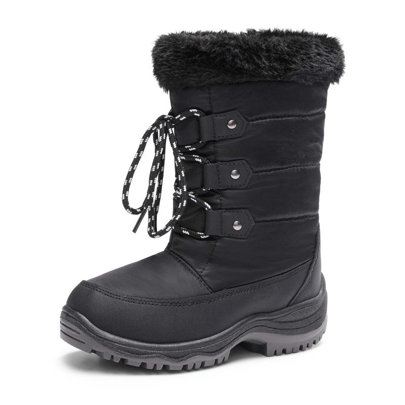 Dream Pairs Girls' Round Toe Mid-Calf Snow Boots - Water-Resistant Upper, Cozy Faux Fur Lining, Side Zipper, Laces, Warm, 9" Around, No Heel, High-Quality Fluff, for Outdoor Skiing, Making Snowmen, Size for 12-13 Years