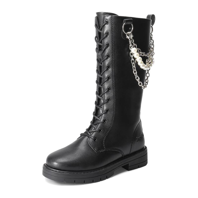 Dream Pairs Girls' PU Leather Synthetic High Back Knee-High Riding Boots - Side Zipper, Adjustable Laces, Swap Pearl or Smiley Interchangeable Charms, Round Toe, Charm Chain, Flexes for Walking, Easy to Clean, Size 7-8Y